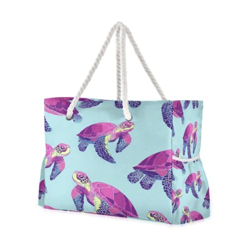 Large Beach Bags Totes Canvas Tote Shoulder Bag Purple Turtle Water Resistant Bags for Gym Travel Daily