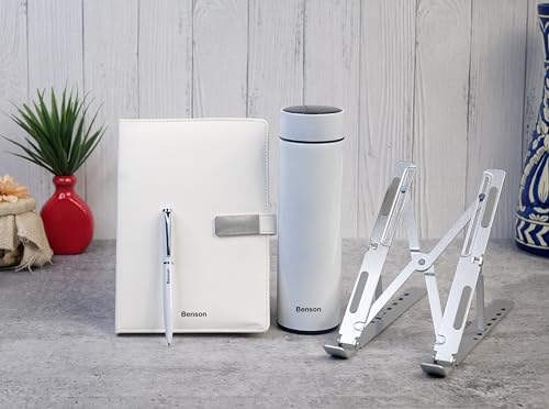 Image of Personalised 4 in 1 Corporate Gift Set which Includes Diary,Vaccum Flask, Laptop Stand, Metal Pen & Gift Set for, Employee of The Month, Corporate Gift for Clients (White)