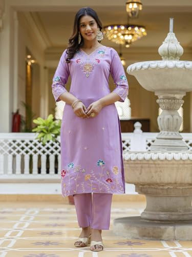 Image of VredeVogel Women's Beads Embroidered Silk Blend Kurta Pant Set with Organza Dupatta | Perfect for Festive & Casual Ethnic Kurta Set for Women