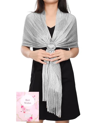 Voqeen Metálicos Espumoso Chales y Estolas para Bodas Nupciales/Fiestas Nocturnas/Vestidos Formales/Dama de Honor/Bufanda de Graduación (con Hebilla de Chal Gratis)