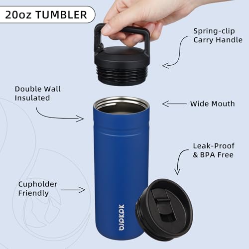 Image of BJPKPK 20 oz Insulated Travel Water Bottle, Coffee Tumbler Stainless Steel | Double Wall Vacuum, Leakproof, Thermal, Keeps Hot /Cold, Dishwasher Safe, Spill Proof, Wide Mouth, 2 Lids, Sapphire Blue