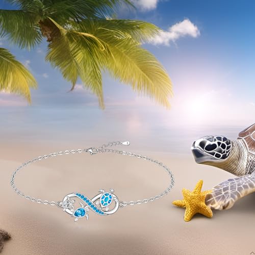 Image of Fenthring Turtle Anklet S925 Sterling Silver Blue Opal Sea Turtle Ankle Bracelets for Women Infinity Wave Ocean Beach Summer Foot Bracelet Jewelry Layered Adjustable