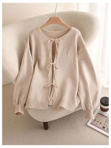 MakeMeChic Women's Plus Size Bow Tie Front Cardigan Sweater Long Sleeve Drop Shoulder Outerwear2