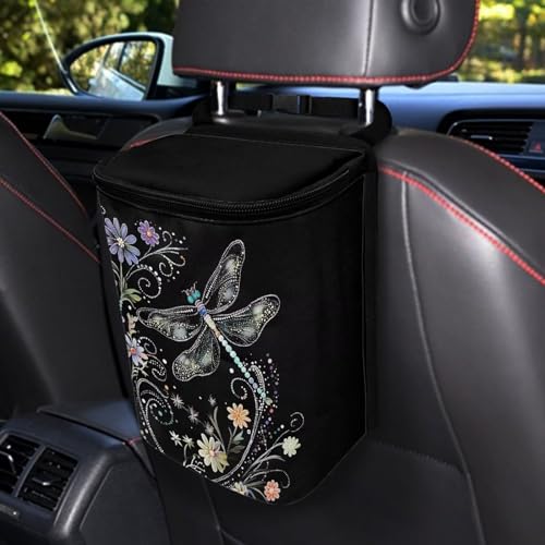 Image of Talayituse Dragonfly Flower Print Car Trash Can with Lid, Leak Proof Auto Trash Bag Hanging Vehicle Garbage Can Multipurpose Storage Container for Back Seat Road Trip
