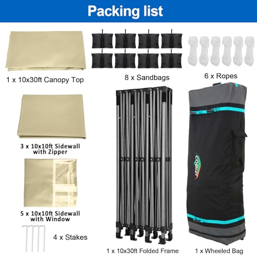 Image of COBIZI 10x30 Pop Up Canopy Tent with 8 Sidewalls,Heavy Duty Canopy,Khaki
