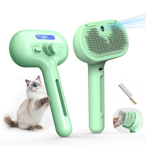 Pet Grooming Brush with Electronic Mist Spray - Gentle Deshedding Tool for Cats &amp; Dogs, Pet Steam Brush，Reduces Shedding, Soft Bristles, Promotes Healthy Coat-Comes with a hair smoothing comb-Greener