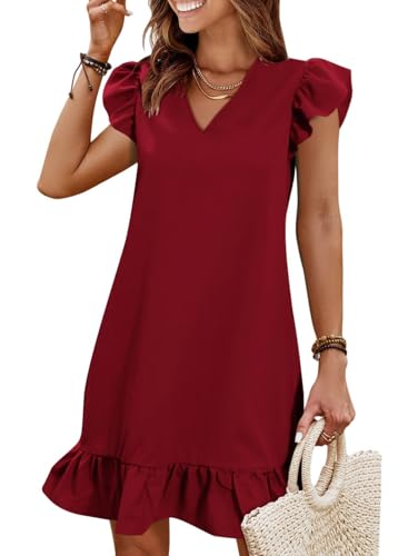 Image of QACOHU Spring Summer Dresses for Women 2026 V Neck Cap Sleeve Ruffle Hem Smock Short Casual Beach Dress