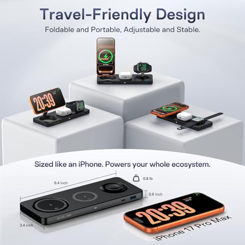 Image of AC ISLAND 5-in-1 Wireless Charger for MagSafe, 25W Foldable Magnetic Stand, Qi2.2 Travel Charging Station for iPhone 17-12 & Air Series, Apple Watch, AirPods, with 65W GaN Adapter, Samsung Galaxy