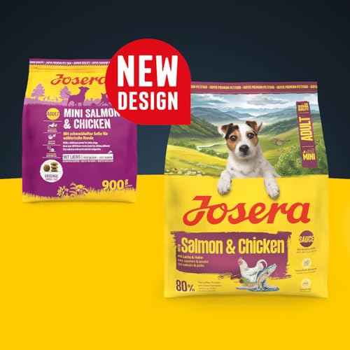 JOSERA Mini Salmon & Chicken (5 x 900 g) | Adult Mini | Premium Trockenfutter für ausgewachsene Hunde Kleiner Rassen | kleine Kroketten | mit leckerem Soßenpulver auch nass zu verfüttern | 5er Pack