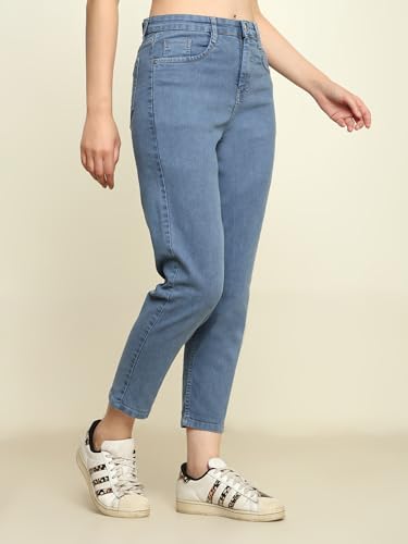 Image of Zayla Women's Mom Fit Cloud Wash Jeans I Full-Length Denim Stretchable High Waist Pant with Curved Pocket I Clean Solid Loose Fit Pants I for Everyday Office Party Girls