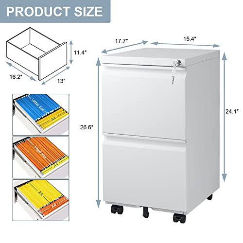 Homeer 2 Drawer Mobile File Cabinet With Lock And Wheel,Anti-Tilt Design Metal Vertical Filing Cabinet,Rolling Desk Filing Cabinet Fits Letter/Legal Size For Home Office (White) #TOP2