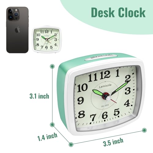 Image of Lamisola Analog Travel Alarm Clock for Bedroom, Small Desk Clock Mint | Retro Battery Clock for Bathroom Shelf Table Bedside, Night Light Silent Snooze Clear Display for Kids Girls Teens