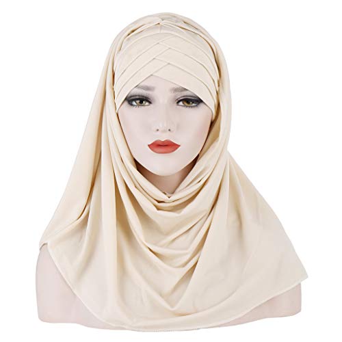 Women 2PCS Set Jersey Hijab Lightweight Soft Solid Color Instant Hijab Shawls and Wraps Muslim Stretch Head Scarf3