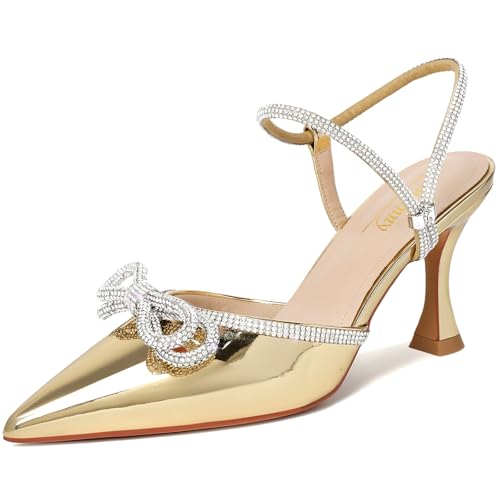 Image of Susanny Women's Closed Toe Rhinstone Wedding Low Heel Slingback Clear Kitten Heels,Adjustable Strap Pointed Toe Bow Pumps High Heeled Prom Dress Shoes