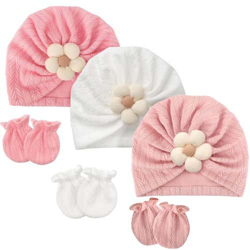 Image of BQUBO Newborn Baby Hospital Hats Beanie Flower Infant Caps Baby Cotton No Scratch Mittens Set for 0-12 Months