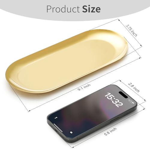 3 Pack Gold Trays for Decor, Stainless Steel Decorative Tray, Small Vanity Tray for Bathroom, Elegant Jewelry Tray for Holding Perfume, Keys, Wallet, Business Cards, Candle, Oval - Thumbnail 4