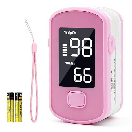 Pepultech Pink Fingertip Pulse Oximeter Blood Oxygen Saturation Monitor for Kids Adults High Accuracy O2 Meter for All Skin Battery and Lanyard Included (Pink)