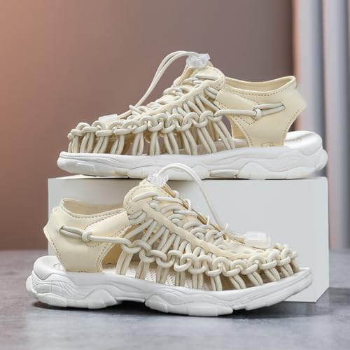 Kids Summer Closed Toe Weave Sport Sandals Outdoor Athletic Beach Shoes for Boys Girls 5 Big Kid,Beige 032