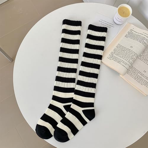 Striped Knee High Socks for Women Teen Girls Black And White Cotton Long Tube Sock Stripes4