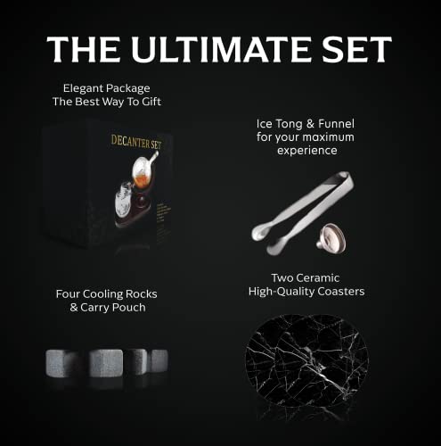 Whiskey Decanter Globe Set With 2 Etched Globe Whisky Glasses - Included - Whiskey Stones, Ice Tong, Coasters - Gifts For Men Dad - Liquor, Bourbon, Scotch, Vodka With A Wood Stand - 850Ml #TOP1