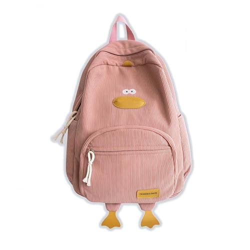 QUROXO Duck Cute Backpack, Large Capacity Corduroy Duck Backpack Aesthetic Kawaii Cartoon Daypack (Pink)