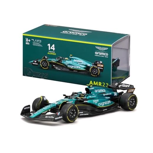 Bburago - Aston Martin AMR23#14 Fernando Alonso, Escala 1:43, Modelo a Escala con Casco y Vitrina, Detalles realistas, Licencia Oficial Aston Martin, Edad Recomendada 14+ años