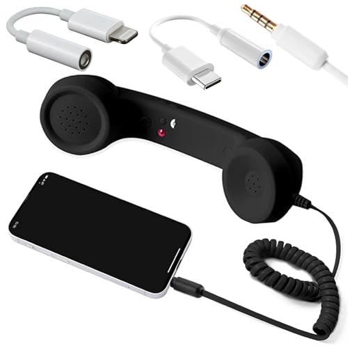 SnuggleTail Retro Phone Handset Wired Receiver with 3.5 mm Jack and Type-C and Lightning Adapter, Vintage Telephone Style Handset with Microphone & Answer Button for Smartphones, Tablets & Computers