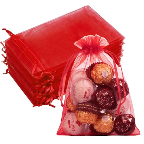 Image of 50PCS Red Organza Bags 5x7, Small Gift Bags for Women, Gift Wrap Bag Drawstring Mesh Pouches for Jewelry Makeup Candy Soap Treats, Sheer Baggies for Birthday Mother's Day Wedding Party Favors