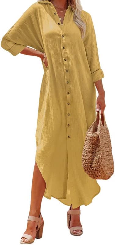 Dokotoo Women Elegant Casual Summer Spring Button Down Front Long Sleeve Maxi Dress Long Cardigan Cover Ups Shirt Dresses