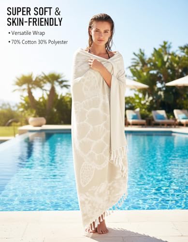 Image of Yongoes Oversized Turkish Beach Towel Blanket Cotton Giant XL Sandproof Towels Huge Linen XXL Extra Large Big Throw Quilt Blankets for Adults Beige Turtle