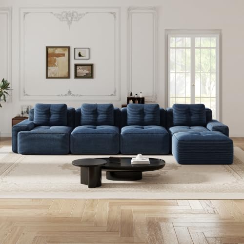 Image of 153 inch L-Shaped 4-Seater Modular Boneless Couch with Ottoman, Soft Corduroy Cloud sectional Sofa, Oversized Deep Seat, No Assembly Anti-Slip Stable Sofa, Blue