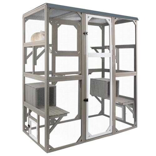 PetsCosset Outdoor Cat Catio Enclosures Large Wooden Cat House Patio for Indoor Cats Feral Cat Shelter with 2 Espace Doors 2 Resting Rooms 5 Platforms Removable Waterproof Cover 67.7 H