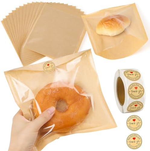 150 Pack Bakery Bags with Window, 7.5 x 7.1 Inches, Sublaga Paper Sandwich Bags, Donut Bags To Go, Bakery Paper Bags for Treat, Snack, Cookie Waffle Cake Packaging