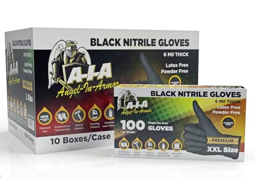 A-I-A Angel-In-Armor 6 Mil. Black Nitrile Gloves with Diamond Grip for Automotive, Oil Change, Janitorial, Plumbing, HVAC and other Industrial Applications Case of 1000 (Large)