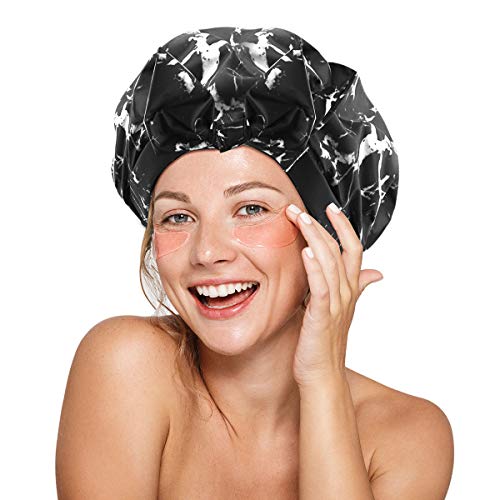 Leotruny Shower Cap Reusable Bow Bath Cap Waterproof for Women All Hair Lengths (C08-Black)