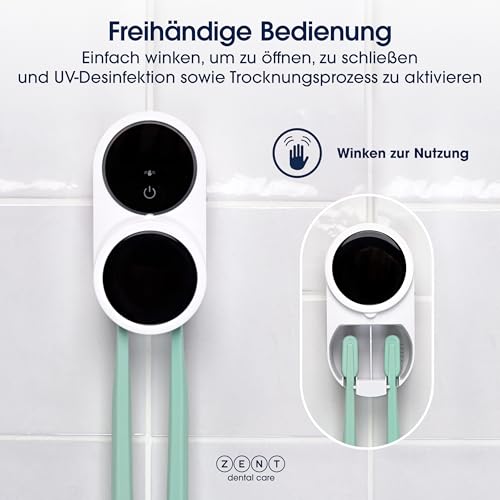 ZENT Zahnbürstenhalter UV Sterilisator für 2 Zahnbürsten, Zahnbürsten desinfektionsgerät, Doppelte Desinfektion, automatische Sterilisation alle 3 Stunden, Montage ohne Bohren, Robuste Batterie