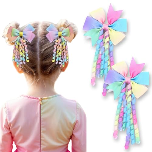 Image of Hodaqe Long Tail Bow Hair Clips for Girls, 2 Pcs | Ribbon bow clips with metal fasteners and flowing tails for ponytails, braids, parties, school and everyday hairstyles.
