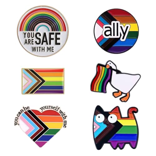 Pride Pins 6PCS LGBTQ Pins Set You Are Safe with Me Ally Pin Rainbow Flag Goose Cat Enamel Pin Badge Gay Lesbian Trans Accessories Gift for Pride Month