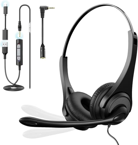 Voistek USB Auriculares con Micrófono, 4 en 1 (Type C/USB A/3.5mm/2.5mm Jack), Cascos On Ear con Cable, Micrófono con Cancelación de Ruido para Oficina, Call Center, Skype, Teams, Zoom, PC, Portátil