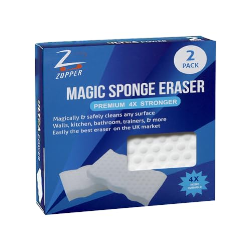 ZOPPER Magic Sponge Eraser 2 Pack - Extra Durable Cleaning Pads, 4X Stronger Stain Remover for Multi-Surface Use - Wall, Kitchen, Bathroom, Shoes & More, Removes Dirt, Grime | Size 12.1x6.6x2.2cm