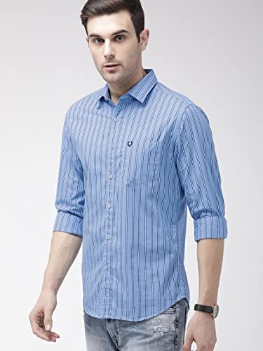 Image of Indian Garage Men's Slim Fit Casual Striped Cotton Shirt Features Cutaway Collar, Full Sleeves, one Patch Pocket, Regular Length, Curved Hem and Button Closure.