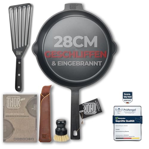 THOR® Gusseisenpfanne Induktion 28cm inkl. Zubehör - geschliffene Oberflächen I Bratpfanne...