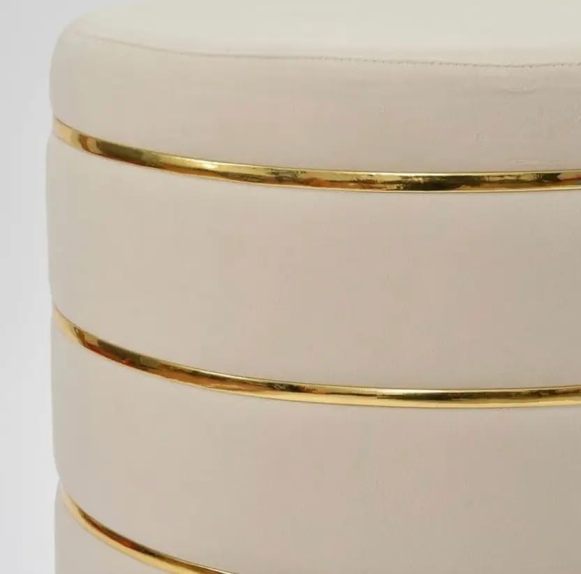 Image of White Velvet Ottoman Stool with Gold Accent Rings, Round Foot Rest Stool, Vanity Chair, Small Accent Seat for Living Room, Bedroom & Makeup Room