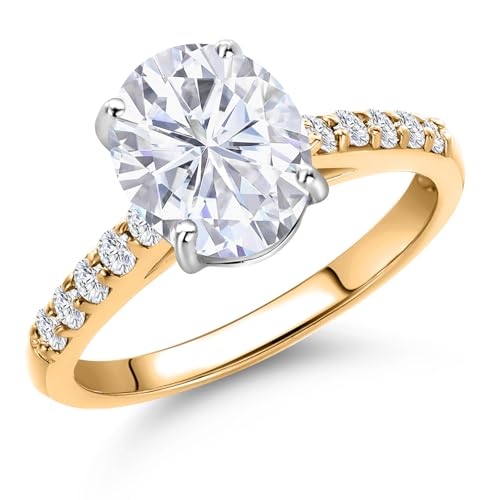 Gem Stone King 10K Two Tone Gold Gemstone Birthstone and White Lab Grown Diamond Accent Engagement Ring For Women | Oval 9X7MM and Round 1.7MM | Wedding Anniversary Promise Ring | Sizes 5, 6, 7, 8, 9