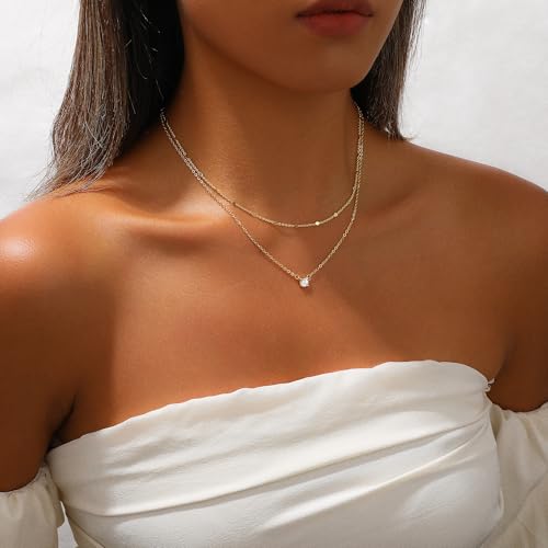 Gold Layered Necklace for Women,Dainty 14K Gold Plated Pendant Necklace Simple Charm Chain Choker Necklace Trendy Jewelry for Women2