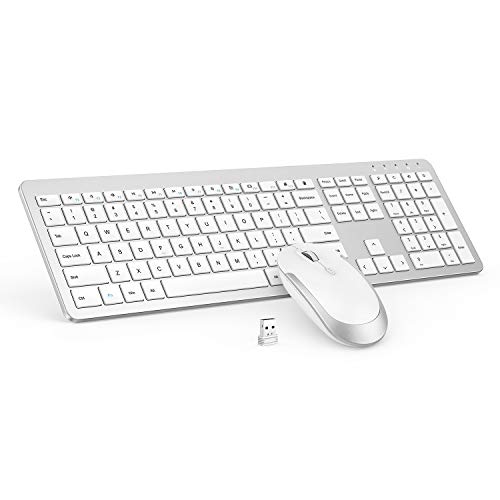 Wireless Keyboard and Mouse Combo – Full Size Slim Thin Wireless Keyboard Mouse with Numeric Keypad 2.4G Stable Connection Adjustable DPI (White & Silver)