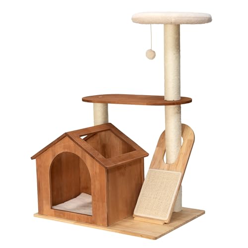 Torre de madera para gato con casa y rascador 2 niveles miniatura 1