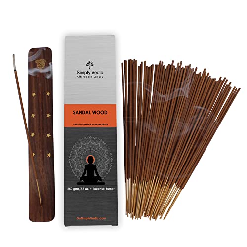 Simply Vedic Sandalwood 250 Gramos (Aproximadamente 135 Varillas de Incienso + Soporte de Incienso)| Dura 60 Minutos, Ideal para meditación, Yoga, sanación Espiritual, oraciones, aromaterapia