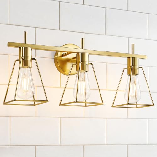 Photo 1 of Industrial Bathroom Vanity Lights: 3 Lights Brushed Gold Vintage Metal Cage Wall Lamps - Rustic Farmhouse Lightning Fixture Over Mirrors Cabinet for Dressing Hallway