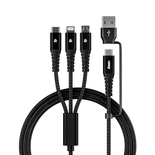 Image of Foxin MAC05 Dual Input 20W 3 in 1 /6 in 1 Nylon Braided 1.5mt 4 Amp Multipurpose Parallel Fast Charging Cable | Universally Compatible, USB & Type C Input | Type C, 8 Pin, Micro Output | Made in India